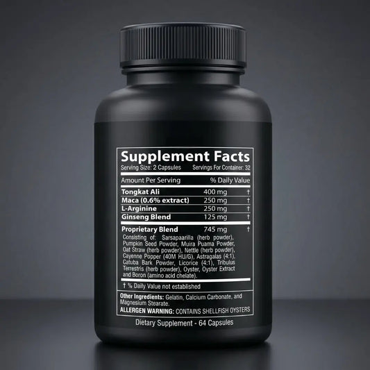 Biomanix supplement facts label showing ingredients including Tongkat Ali, Maca, L-Arginine, Ginseng Blend, and a proprietary herbal blend.
