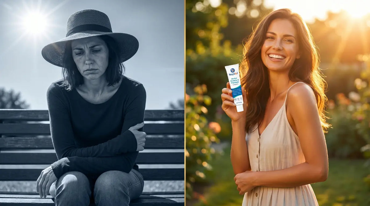 woman hiding psoriasis under long sleeves vs confident clear skin after best herbal psoriasis cream treatment
