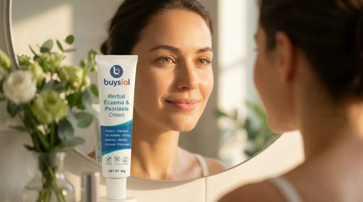 woman looking in mirror with clear calm eczema-free skin after natural herbal treatment