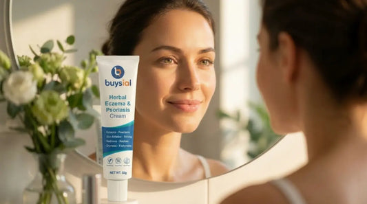 woman looking in mirror with clear calm eczema-free skin after natural herbal treatment