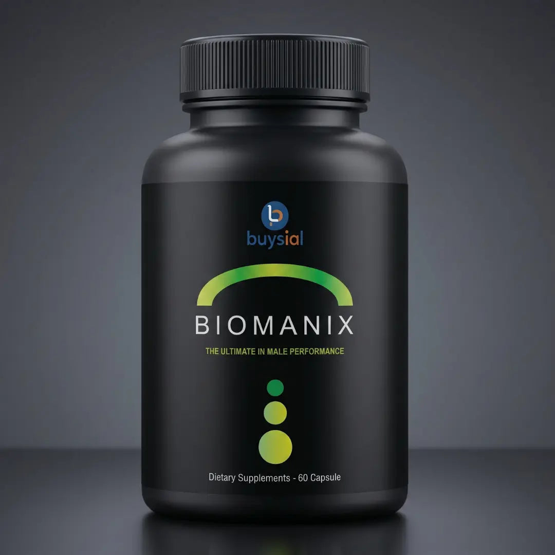 Biomanix dietary supplement bottle, black packaging with green and white text, branded by Buysial, featuring 'The Ultimate in Male Performance' label.