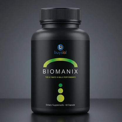 Biomanix dietary supplement bottle, black packaging with green and white text, branded by Buysial, featuring 'The Ultimate in Male Performance' label.