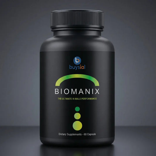 Biomanix dietary supplement bottle, black packaging with green and white text, branded by Buysial, featuring 'The Ultimate in Male Performance' label.
