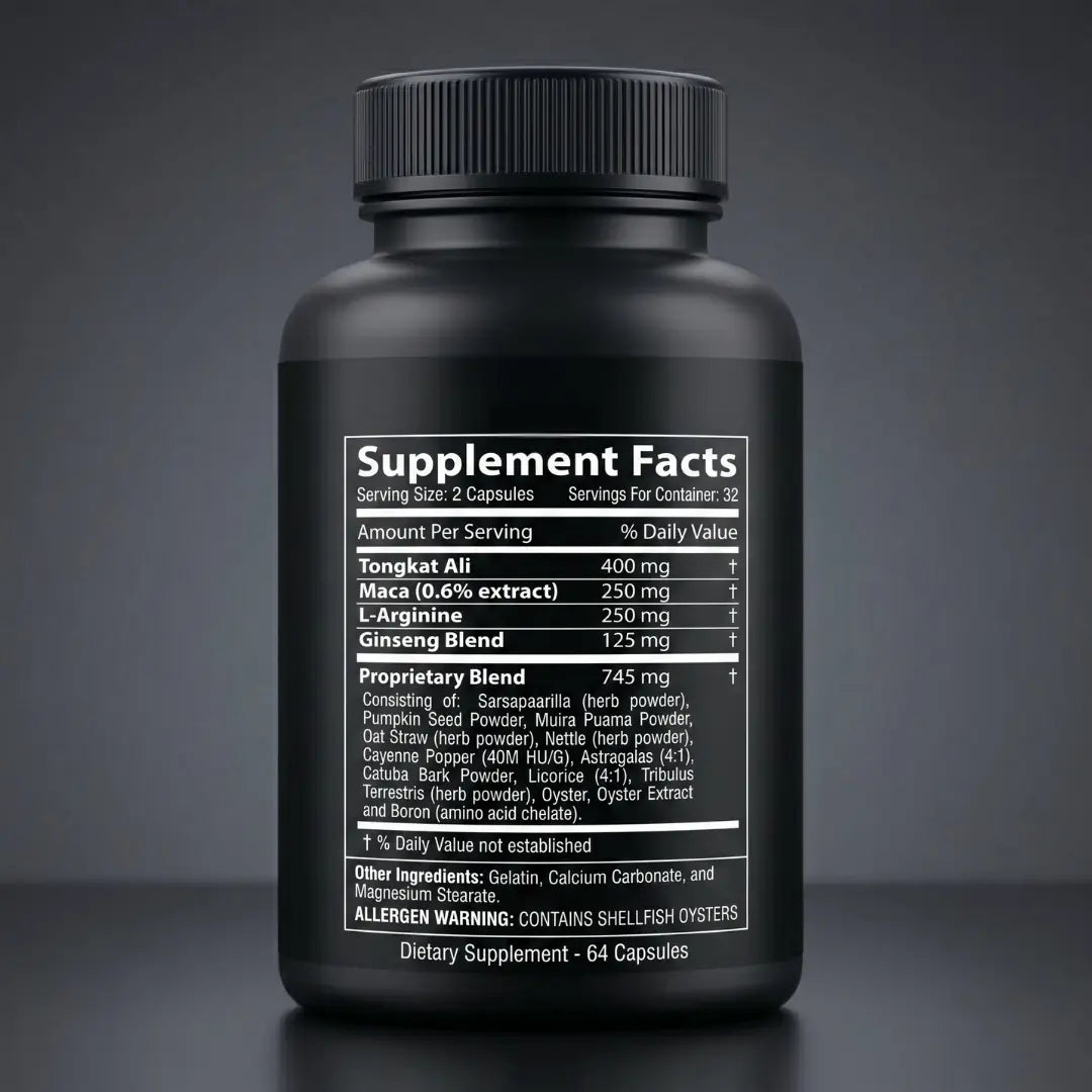 Biomanix supplement facts label showing ingredients including Tongkat Ali, Maca, L-Arginine, Ginseng Blend, and a proprietary herbal blend.