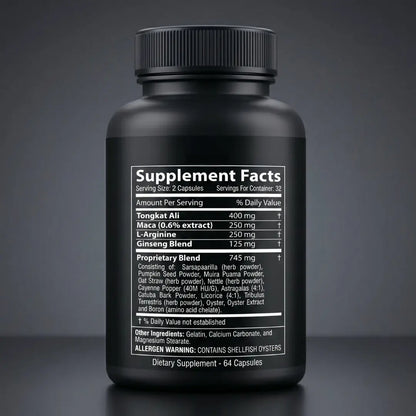 Biomanix supplement facts label showing ingredients including Tongkat Ali, Maca, L-Arginine, Ginseng Blend, and a proprietary herbal blend.