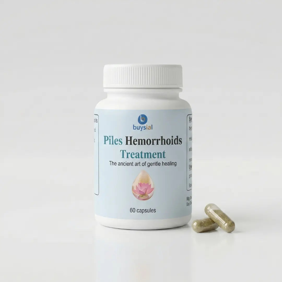 Buysial Piles and Hemorrhoids treatment dietary supplement bottle with white packaging and lotus graphic, shown with two capsules placed beside it on a clean white background.

