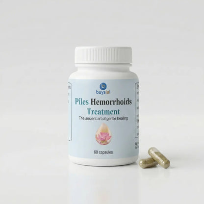 Buysial Piles and Hemorrhoids treatment dietary supplement bottle with white packaging and lotus graphic, shown with two capsules placed beside it on a clean white background.
