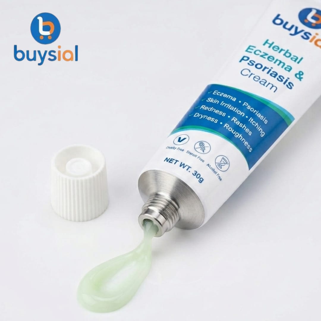 Buysial Herbal Eczema and Psoriasis Cream 30g tube with green 
cream squeezed out, steroid-free and alcohol-free skin relief cream