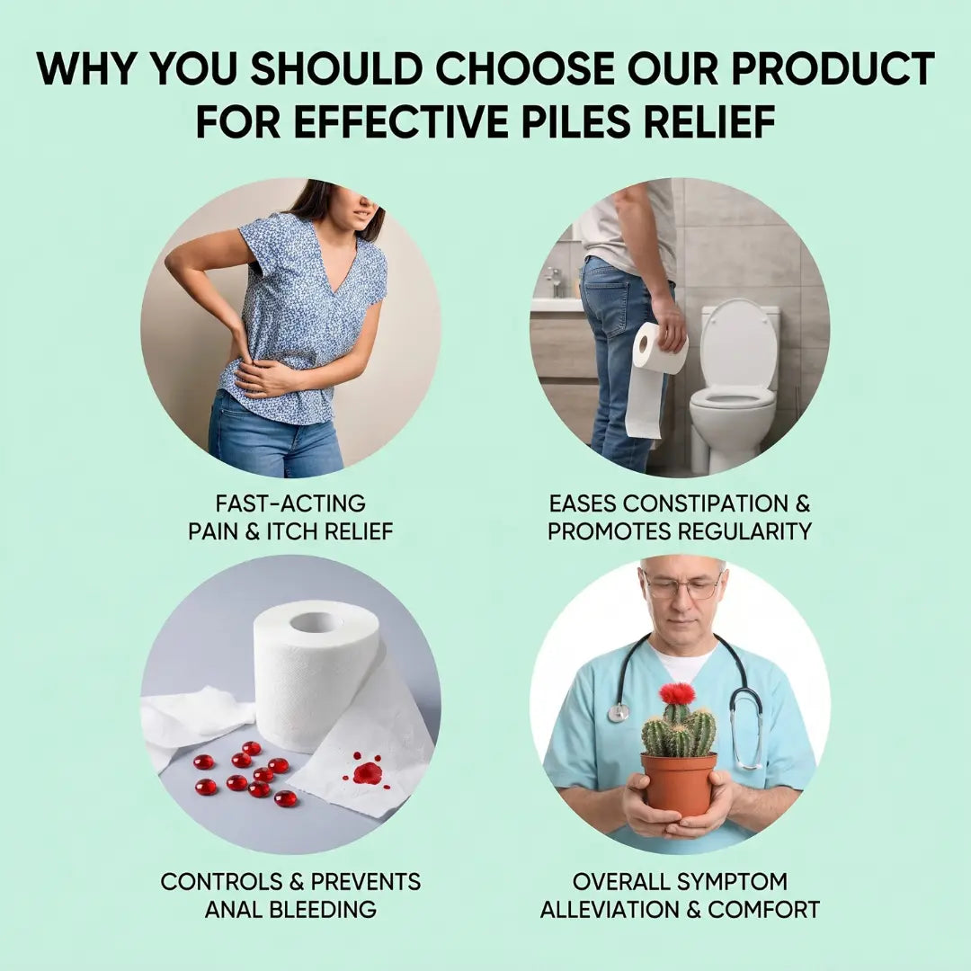 An infographic titled 'Why you should choose our product for effective piles relief,' featuring four circular images illustrating benefits: pain and itch relief, easing constipation, controlling anal bleeding, and overall symptom alleviation.