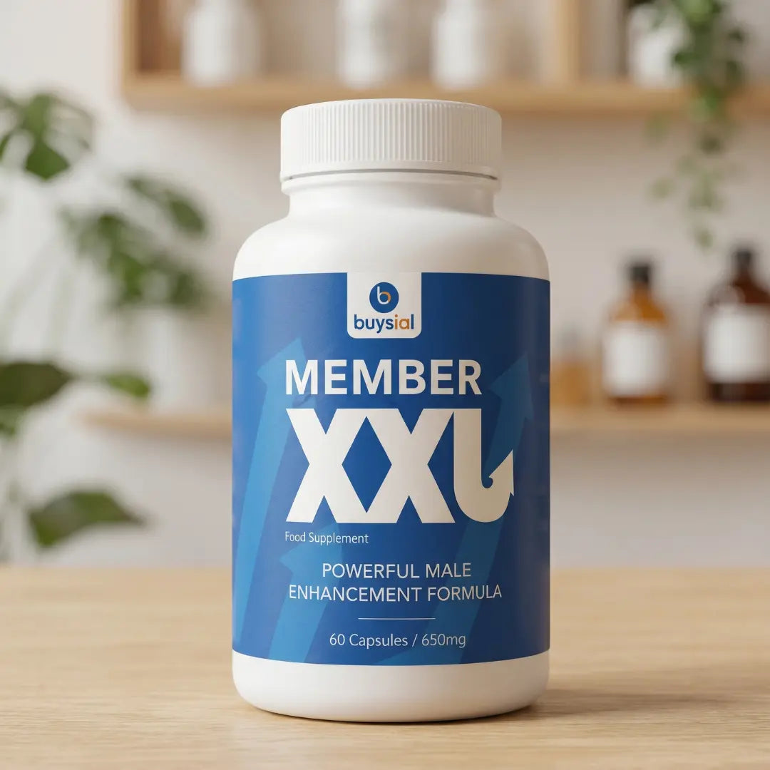 A close-up front view of Member XXL food supplement bottle, 650mg male enhancement formula with 60 capsules, placed on a wooden table.
