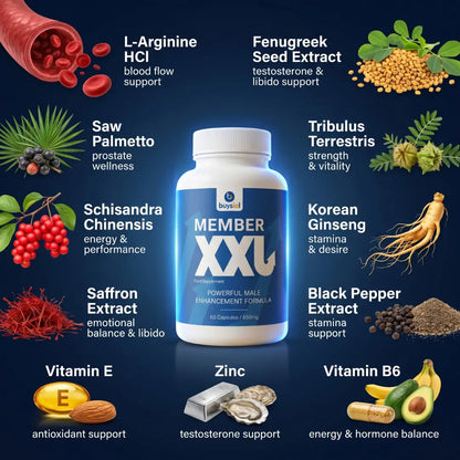 Infographic showing Member XXL male enhancement formula ingredients including L-Arginine, Fenugreek, Saw Palmetto, Tribulus Terrestris, and Zinc with their health benefits.