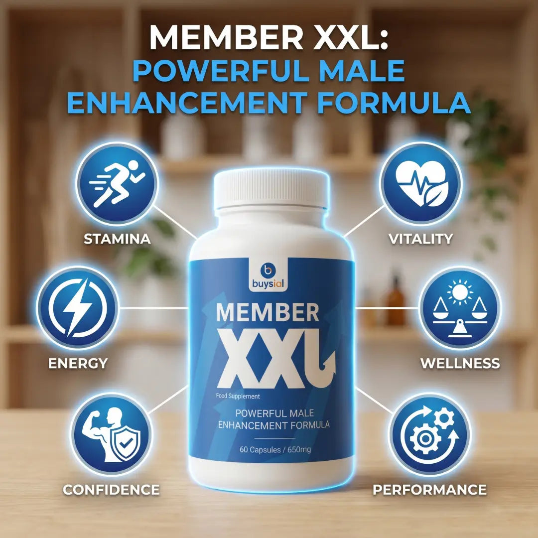Member XXL powerful male enhancement formula bottle surrounded by icons representing stamina, energy, confidence, performance, wellness, and vitality.