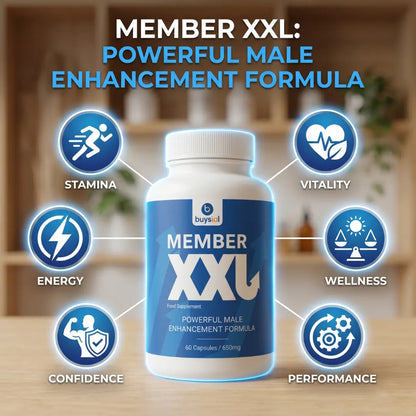 Member XXL powerful male enhancement formula bottle surrounded by icons representing stamina, energy, confidence, performance, wellness, and vitality.