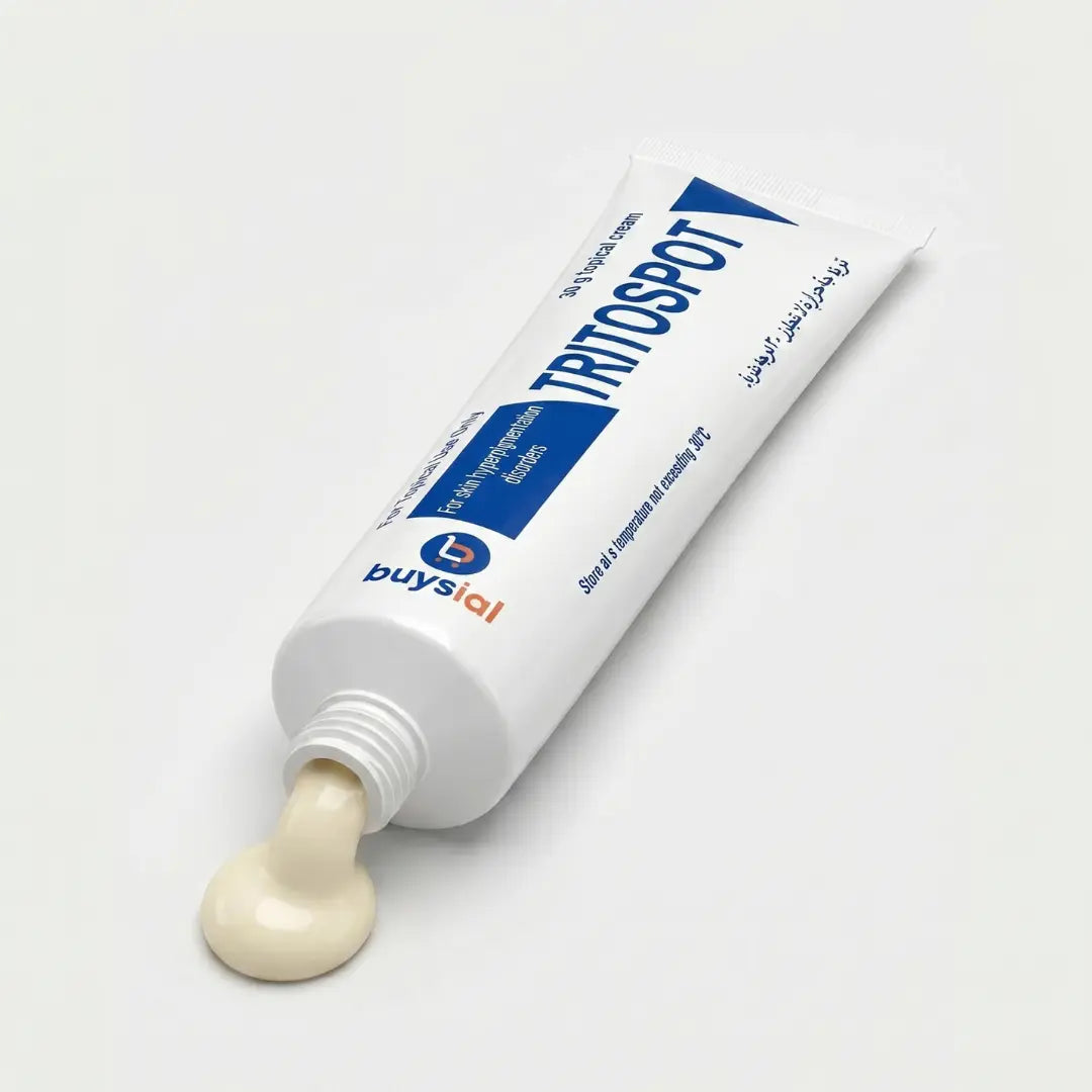 Buysial TRITOSPOT 30g Topical Cream tube open showing cream texture — for dark spots melasma and hyperpigmentation treatment UK